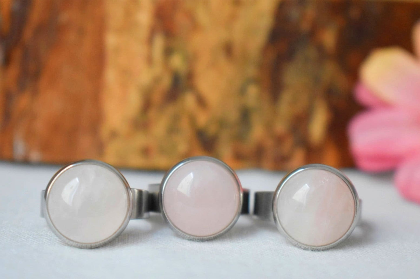 Rose quartz gemstone ring, adjustable everyday pink round statement crystal ring, Natural stone jewelry, Birthday gift for her mom
