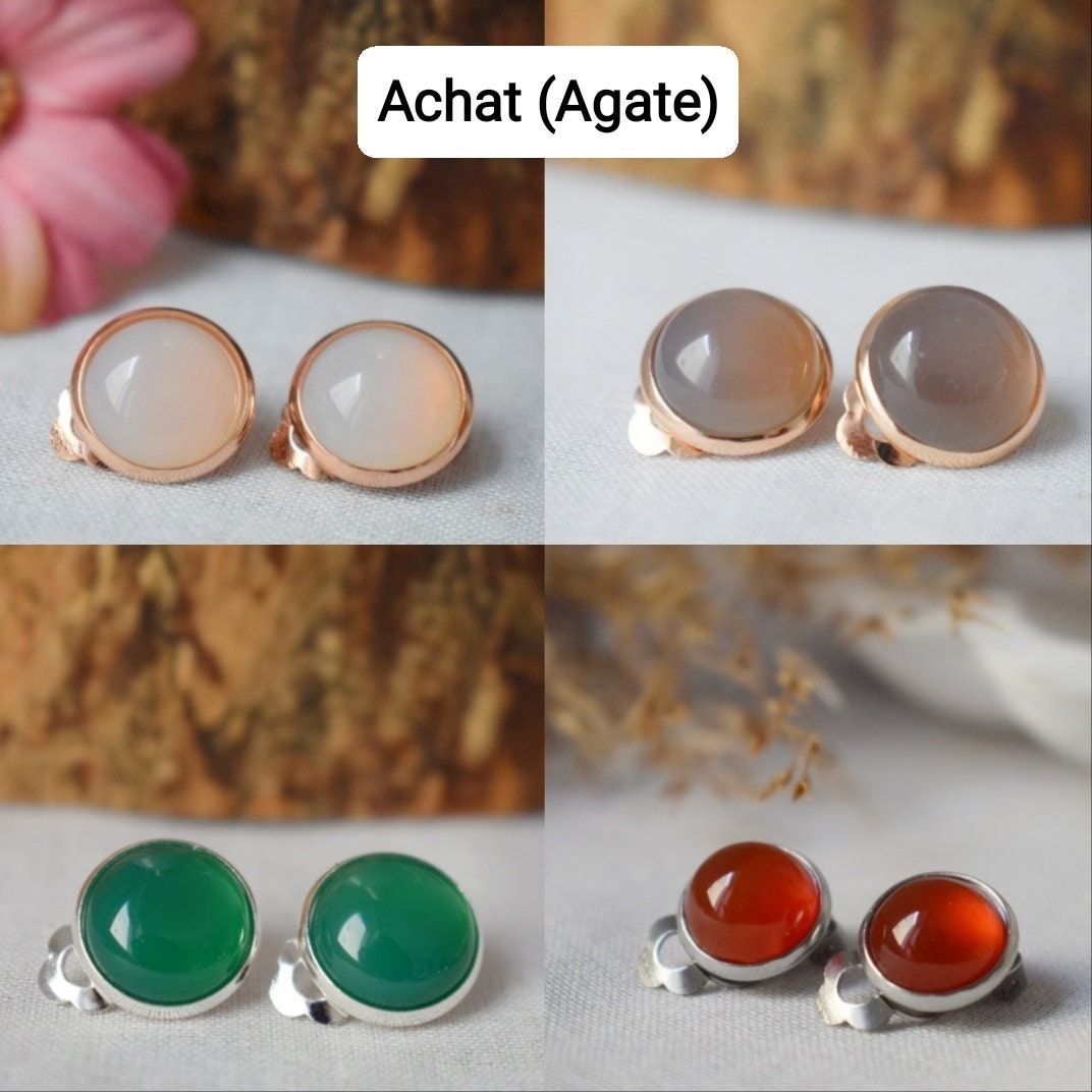Rose gold clip on earrings, Gray agate earrings, Gray gemstone ear clips, Non pierced earrings, Gray stone, Stainless steel, Agate jewelry