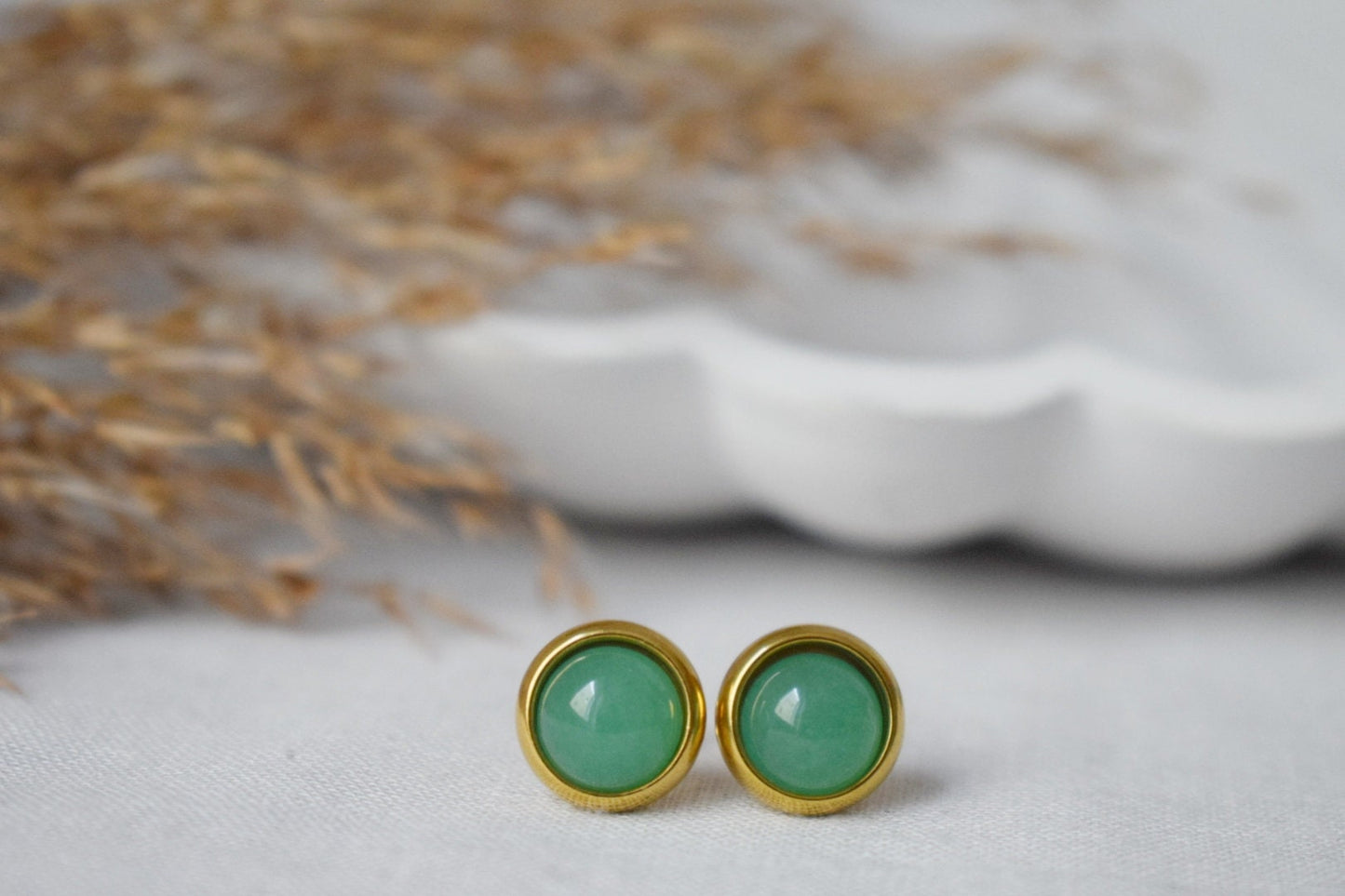 Small Aventurine Stud Earrings, 8mm Massive Gold studs, Green Gemstone earrings, Basic Earrings, August Birthstone Gift, Minimalist Jewelry