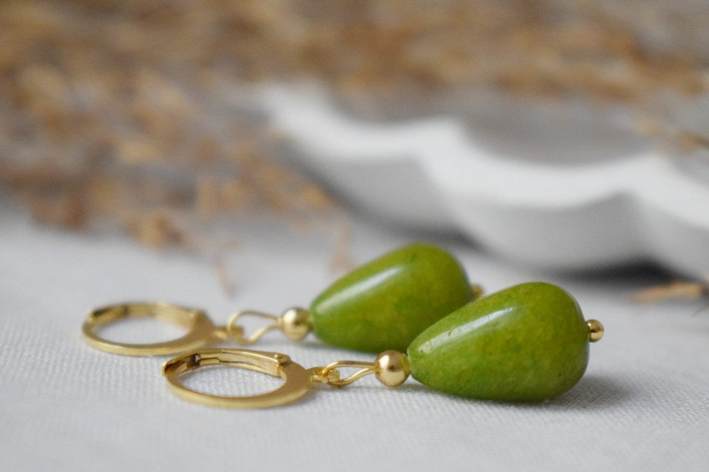 Green jade teardrop earrings, Olive green earrings gold, Huggie with drop gemstone, Green stone hoops, Pearl hanging earrings, Gift for her