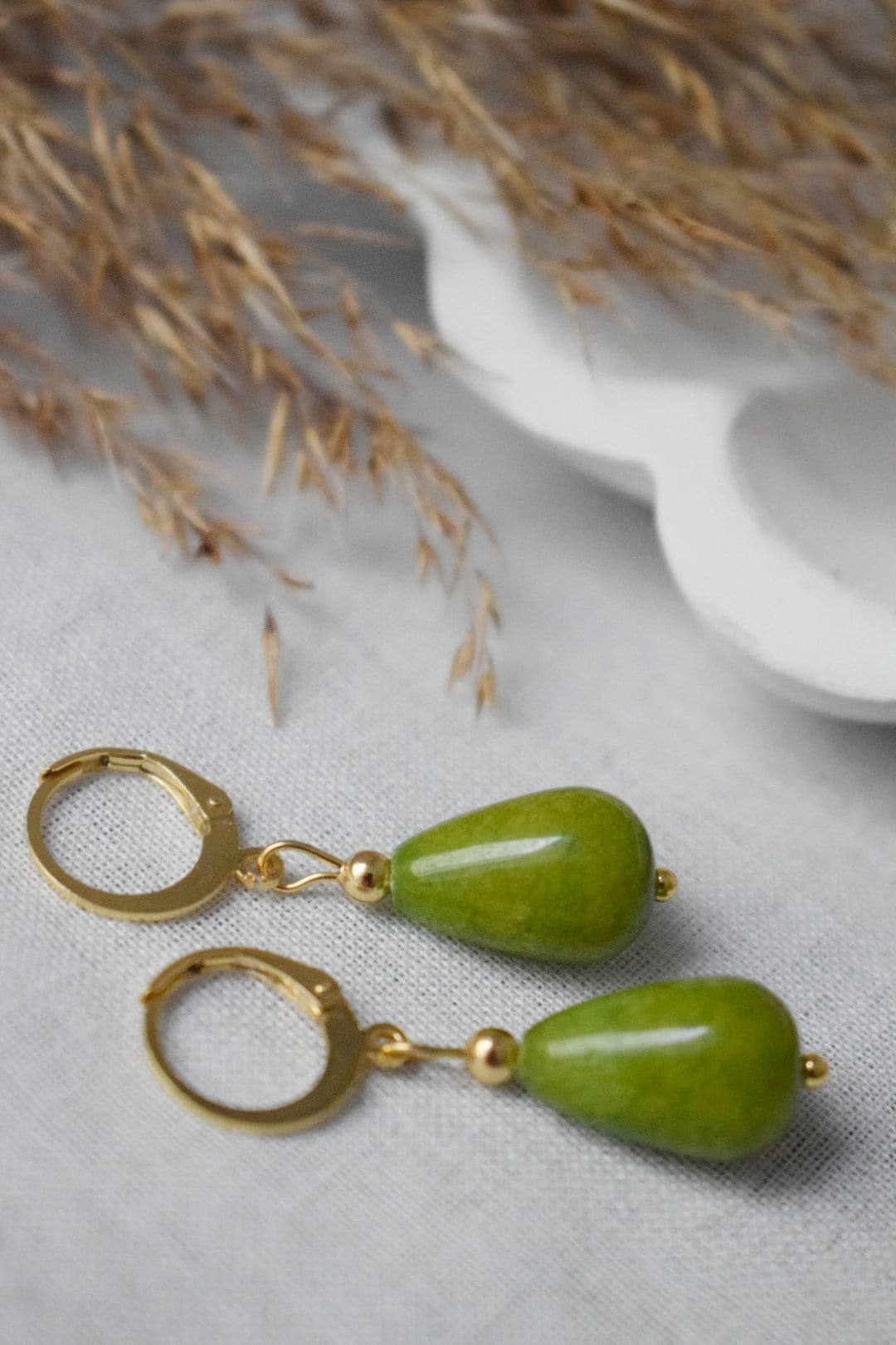 Green jade teardrop earrings, Olive green earrings gold, Huggie with drop gemstone, Green stone hoops, Pearl hanging earrings, Gift for her