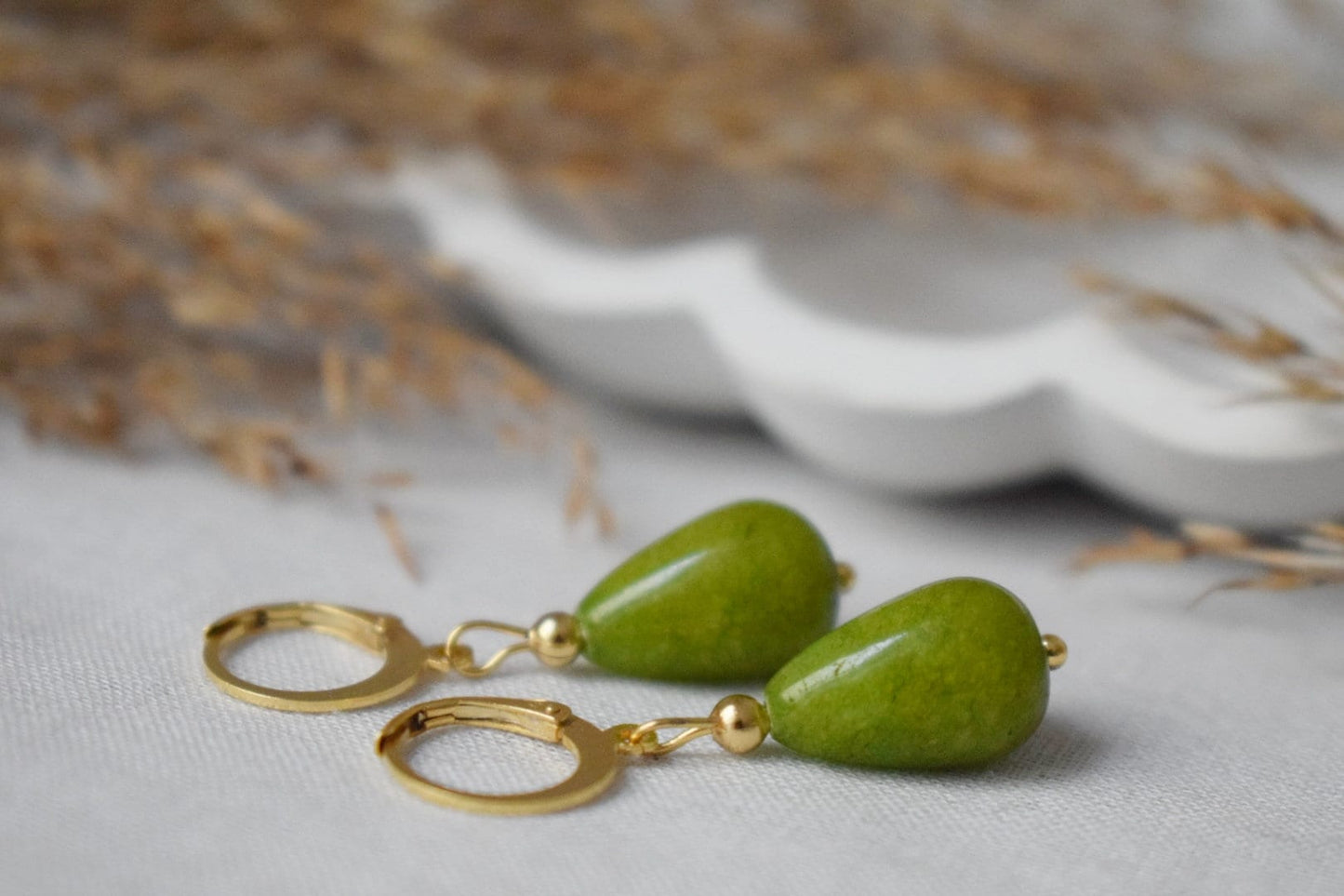 Green jade teardrop earrings, Olive green earrings gold, Huggie with drop gemstone, Green stone hoops, Pearl hanging earrings, Gift for her
