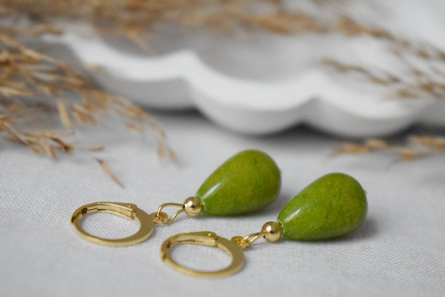 Green jade teardrop earrings, Olive green earrings gold, Huggie with drop gemstone, Green stone hoops, Pearl hanging earrings, Gift for her