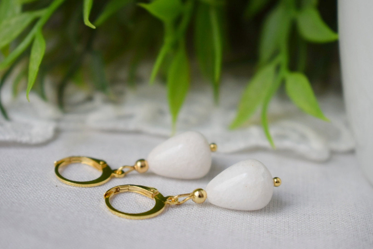 White jade gold earrings, Teardrop gemstone huggies, Hoops drop stone, Pearl hanging earrings, Lever back, White gold jewelry, Gift for her