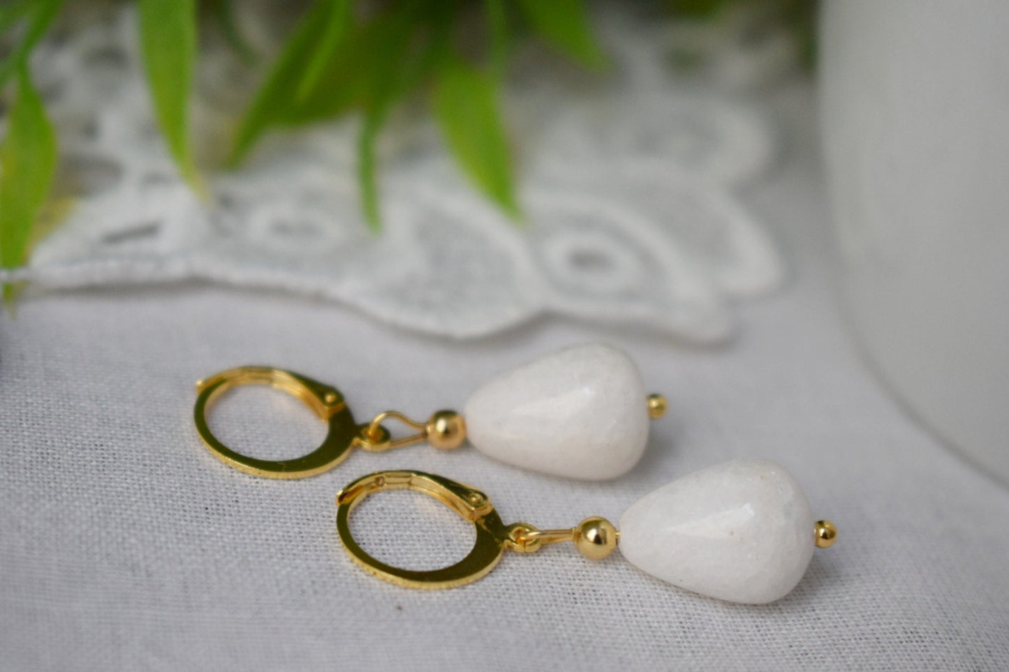 White jade gold earrings, Teardrop gemstone huggies, Hoops drop stone, Pearl hanging earrings, Lever back, White gold jewelry, Gift for her