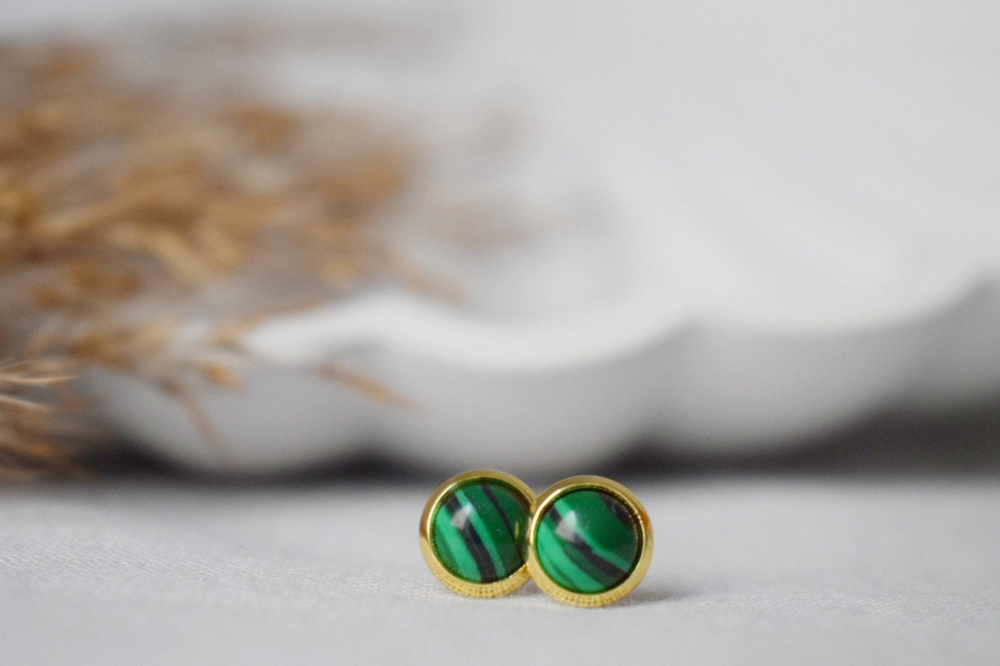 Malachite Stud Earrings Gold, 8mm Green Gemstone Studs, Small Round Earrings, Minimalist, Malachite Jewelry, Birthstone, Gift For Her