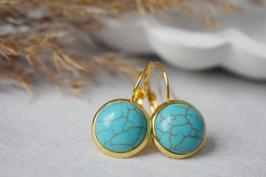 Turquoise earrings dangle, Round Blue Gemstone Hanging Earrings, Boho Jewelry women, Gift For Her
