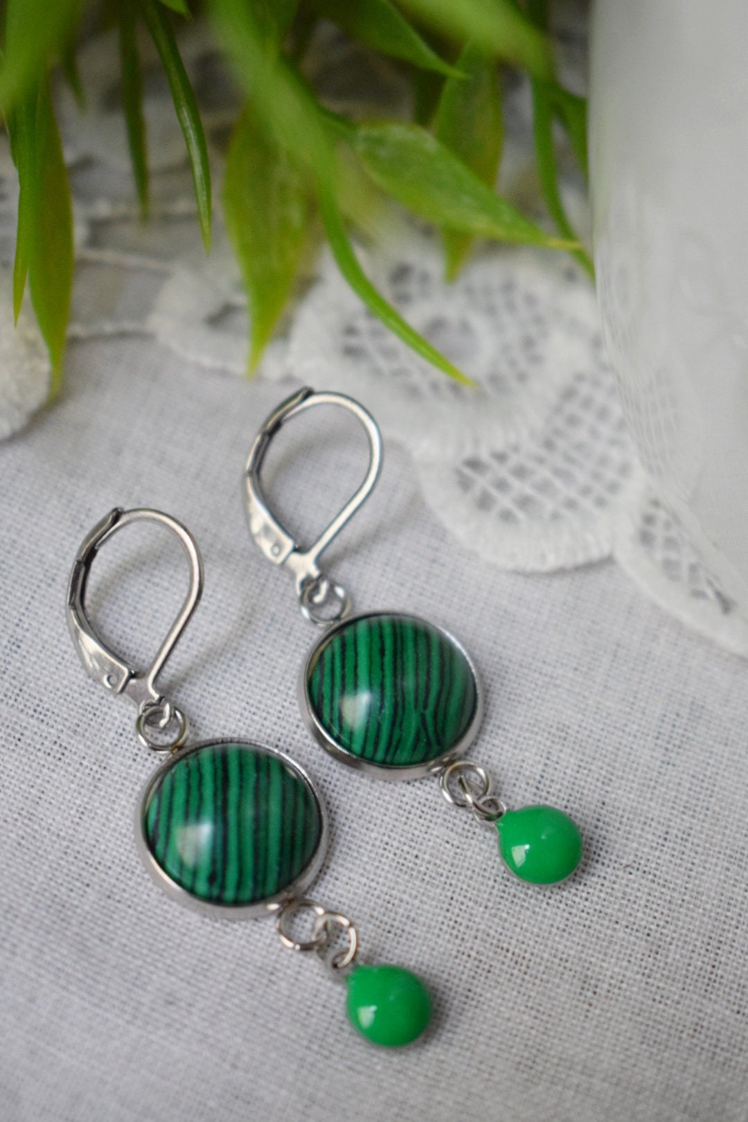 Malachite dangle earrings, Green huggies, Green enamel pendant earrings, Gemstone drop earrings, Boho, Malachite jewelry, Gift for her