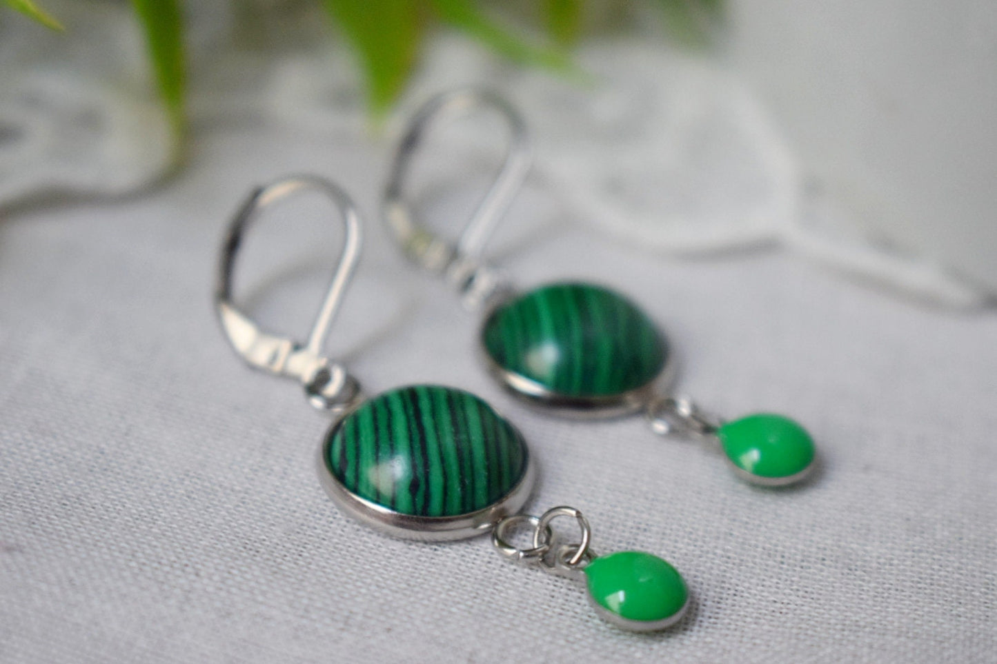 Malachite dangle earrings, Green huggies, Green enamel pendant earrings, Gemstone drop earrings, Boho, Malachite jewelry, Gift for her