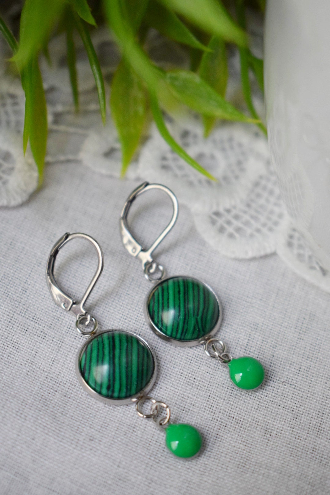 Malachite dangle earrings, Green huggies, Green enamel pendant earrings, Gemstone drop earrings, Boho, Malachite jewelry, Gift for her