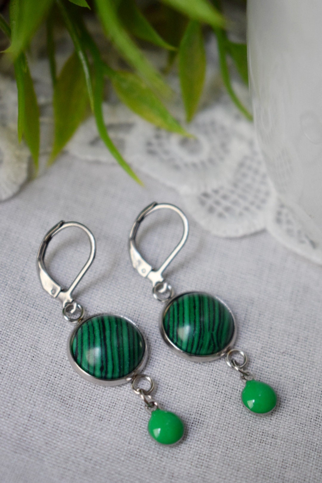 Malachite dangle earrings, Green huggies, Green enamel pendant earrings, Gemstone drop earrings, Boho, Malachite jewelry, Gift for her