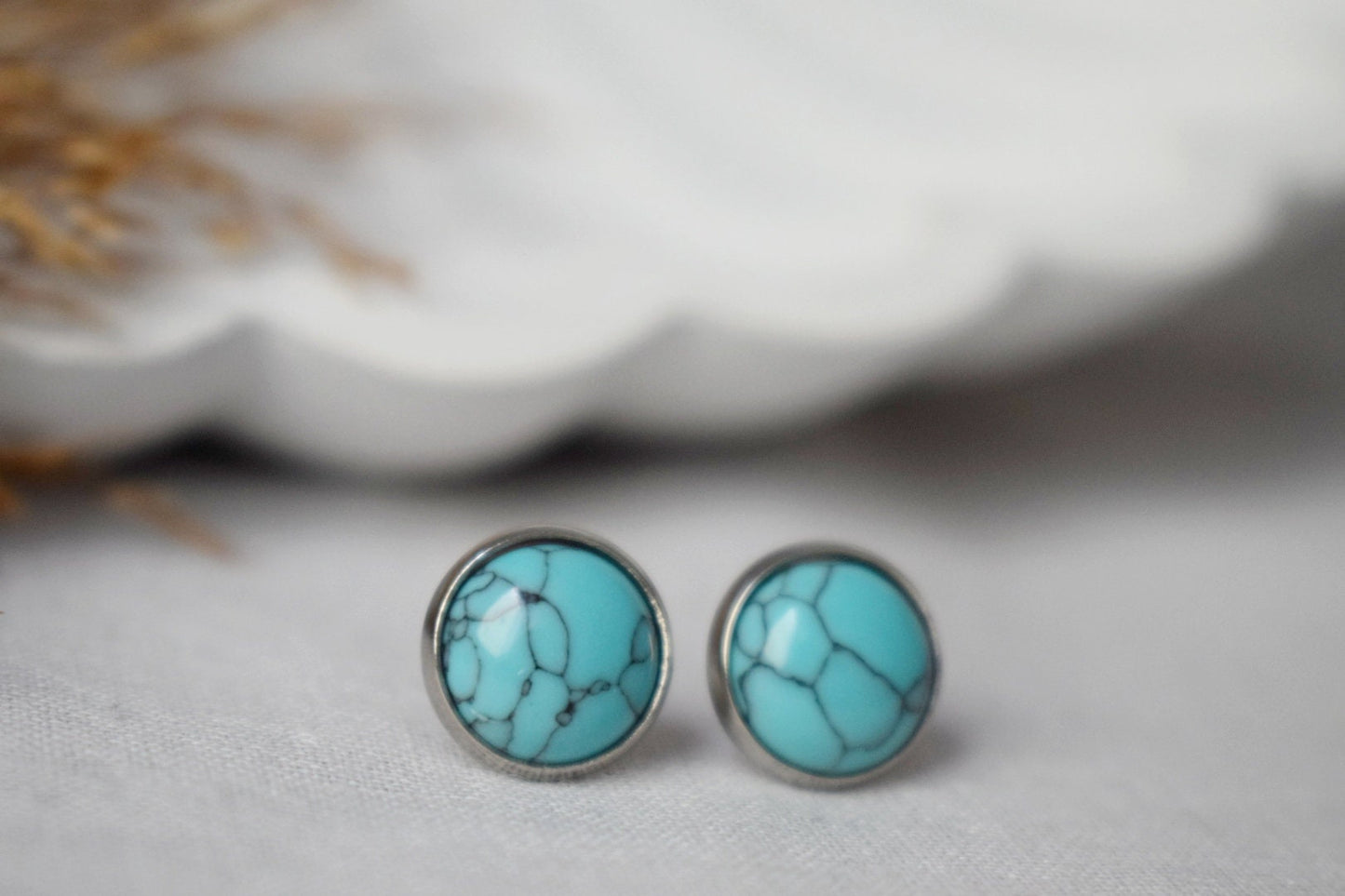 Turquoise stud earrings, 12mm Gemstone push back earrings, Blue post earrings, Lightweight earrings, Handmade jewelry, Gift for women