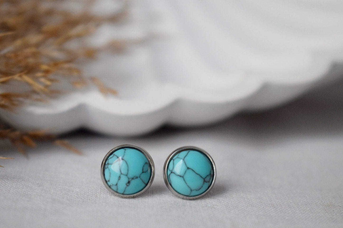 Turquoise stud earrings, 12mm Gemstone push back earrings, Blue post earrings, Lightweight earrings, Handmade jewelry, Gift for women