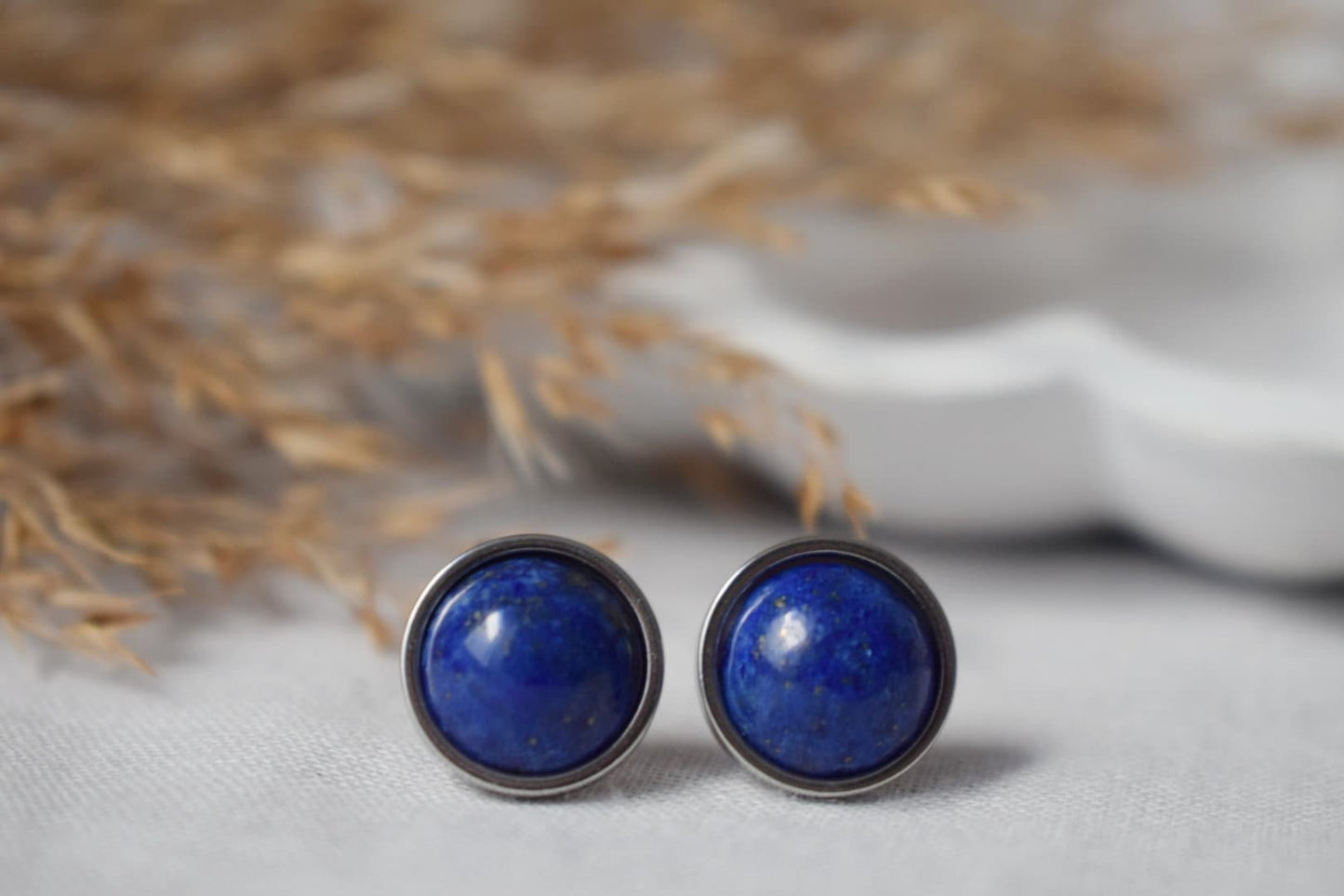 Lapis lazuli stud earrings, Gemstone earrings silver, Dark blue stone, Stainless steel, September Birthstone, Lapis jewelry, Gift for her