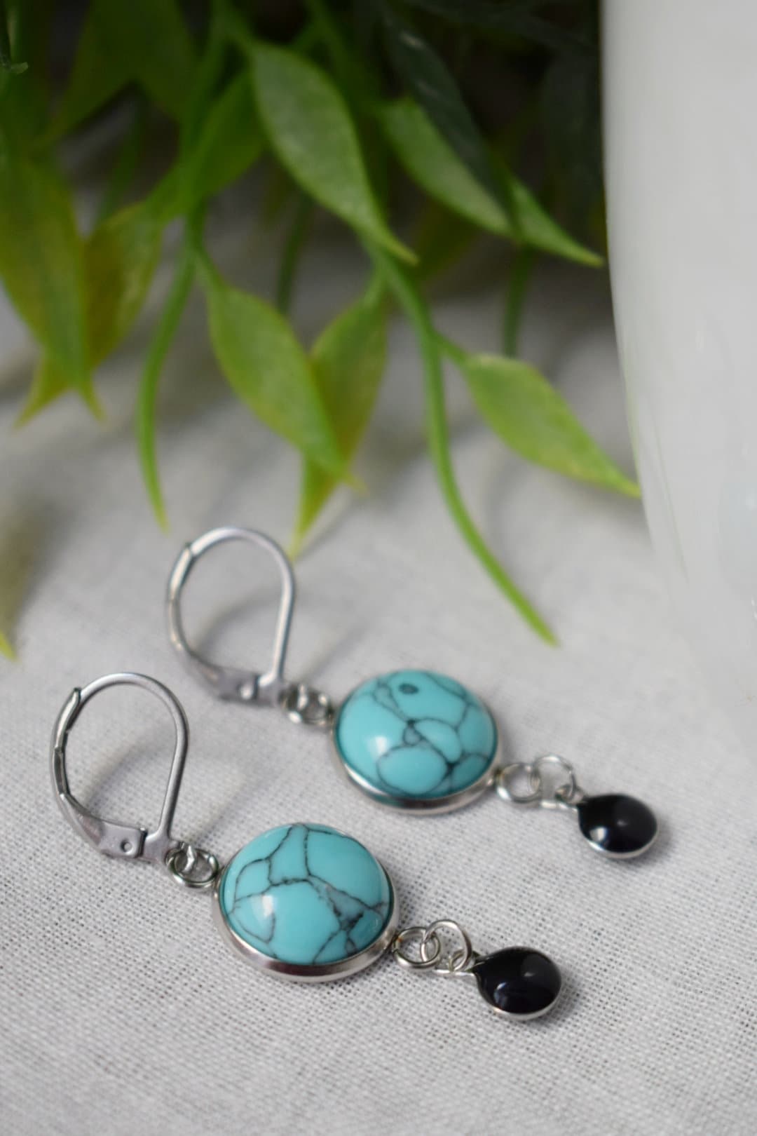Turquoise earrings huggies, Blue gemstone earrings, Boho earrings, Black enamel pendant earrings, Jewelry gift for women