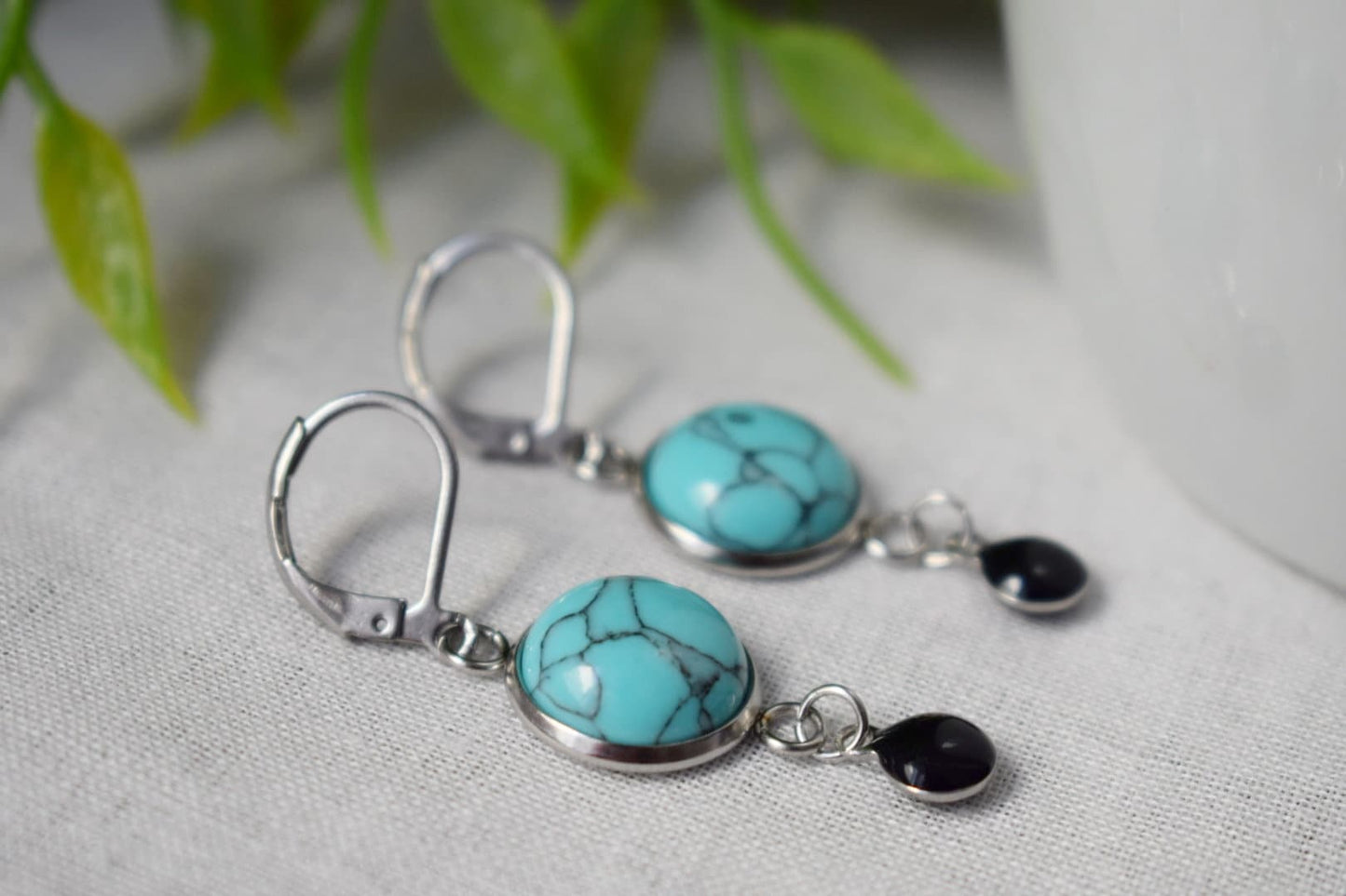 Turquoise earrings huggies, Blue gemstone earrings, Boho earrings, Black enamel pendant earrings, Jewelry gift for women