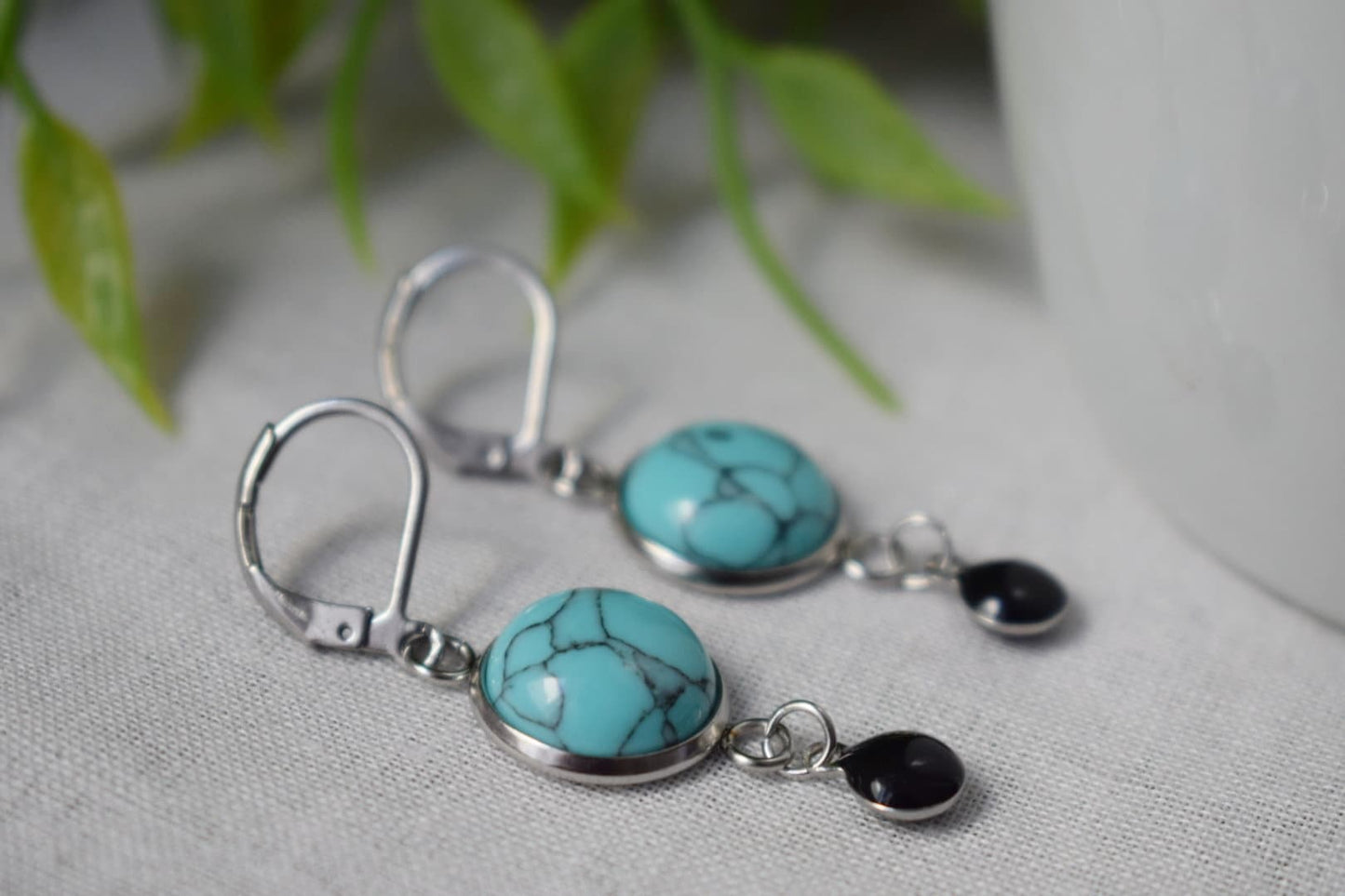 Turquoise earrings huggies, Blue gemstone earrings, Boho earrings, Black enamel pendant earrings, Jewelry gift for women