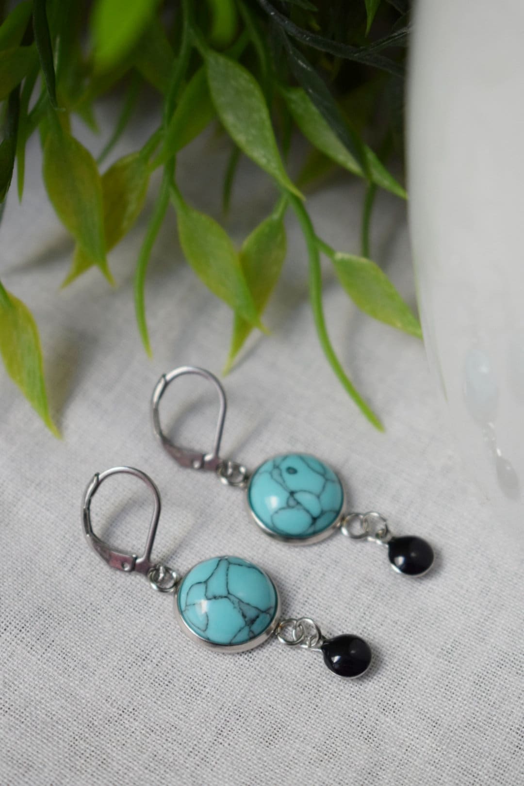 Turquoise earrings huggies, Blue gemstone earrings, Boho earrings, Black enamel pendant earrings, Jewelry gift for women