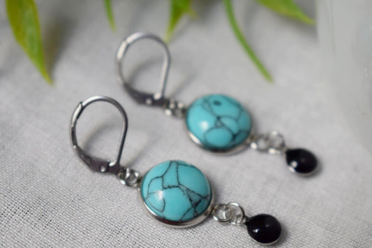 Turquoise earrings huggies, Blue gemstone earrings, Boho earrings, Black enamel pendant earrings, Jewelry gift for women