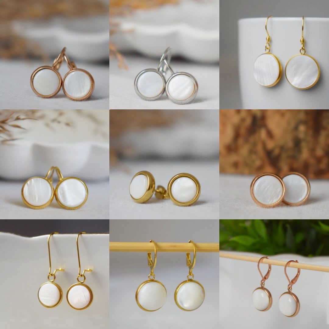 Mother of pearl earrings with gold plated stainless steel huggie hoops 12mm round pendant jewelry gift for herBest christmas gift