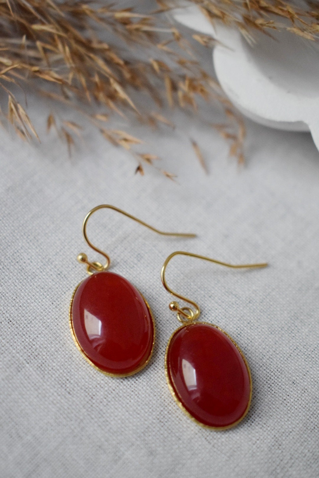Red jade earrings dangle, Red gold statement earrings, Hanging oval gemstone earrings, red earrings for women, Jade jewelry, Gift for her