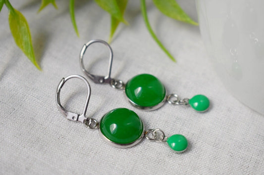 Green jade earrings, Gemstone huggies, Enamel pendant earrings, Boho dangle drop earrings, Jewelry Gift for her