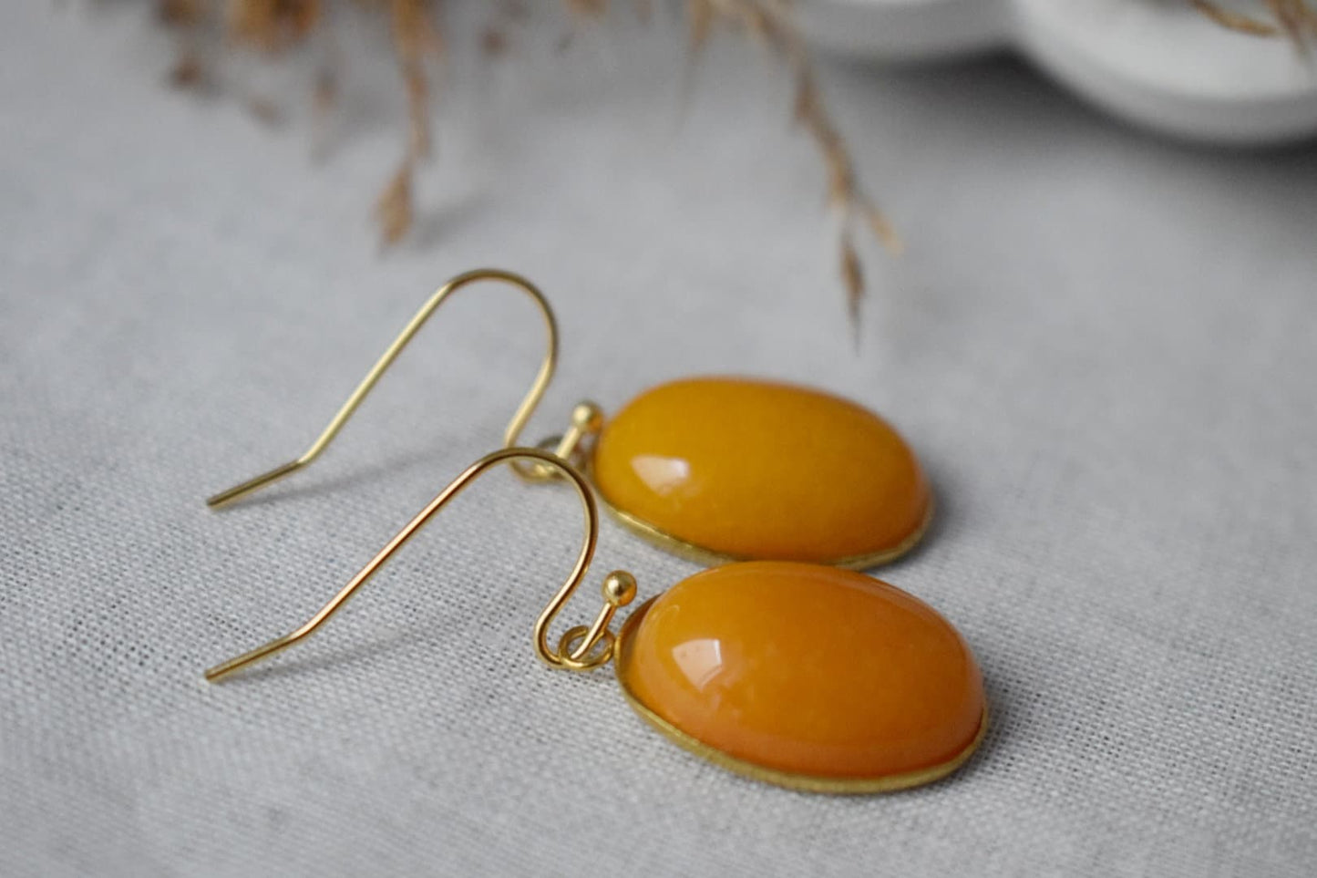 Yellow Jade Earrings Gold, Oval Gemstone Hanging Earrings, Yellow Pendant, Dangle Drop Stone Earrings For Women, Jade Jewelry, Gift For Her