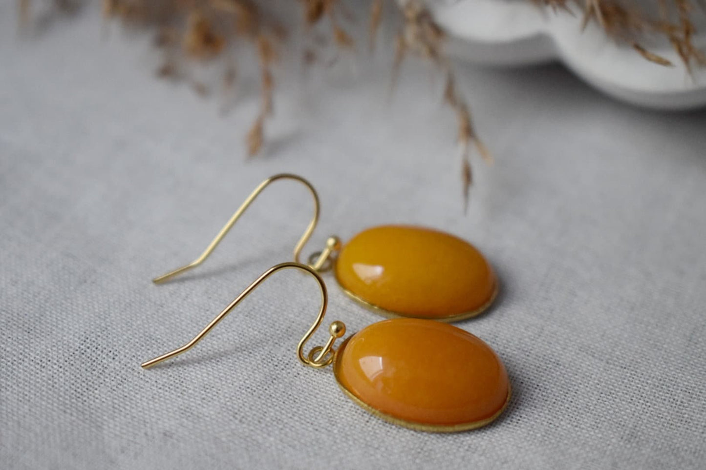Yellow Jade Earrings Gold, Oval Gemstone Hanging Earrings, Yellow Pendant, Dangle Drop Stone Earrings For Women, Jade Jewelry, Gift For Her