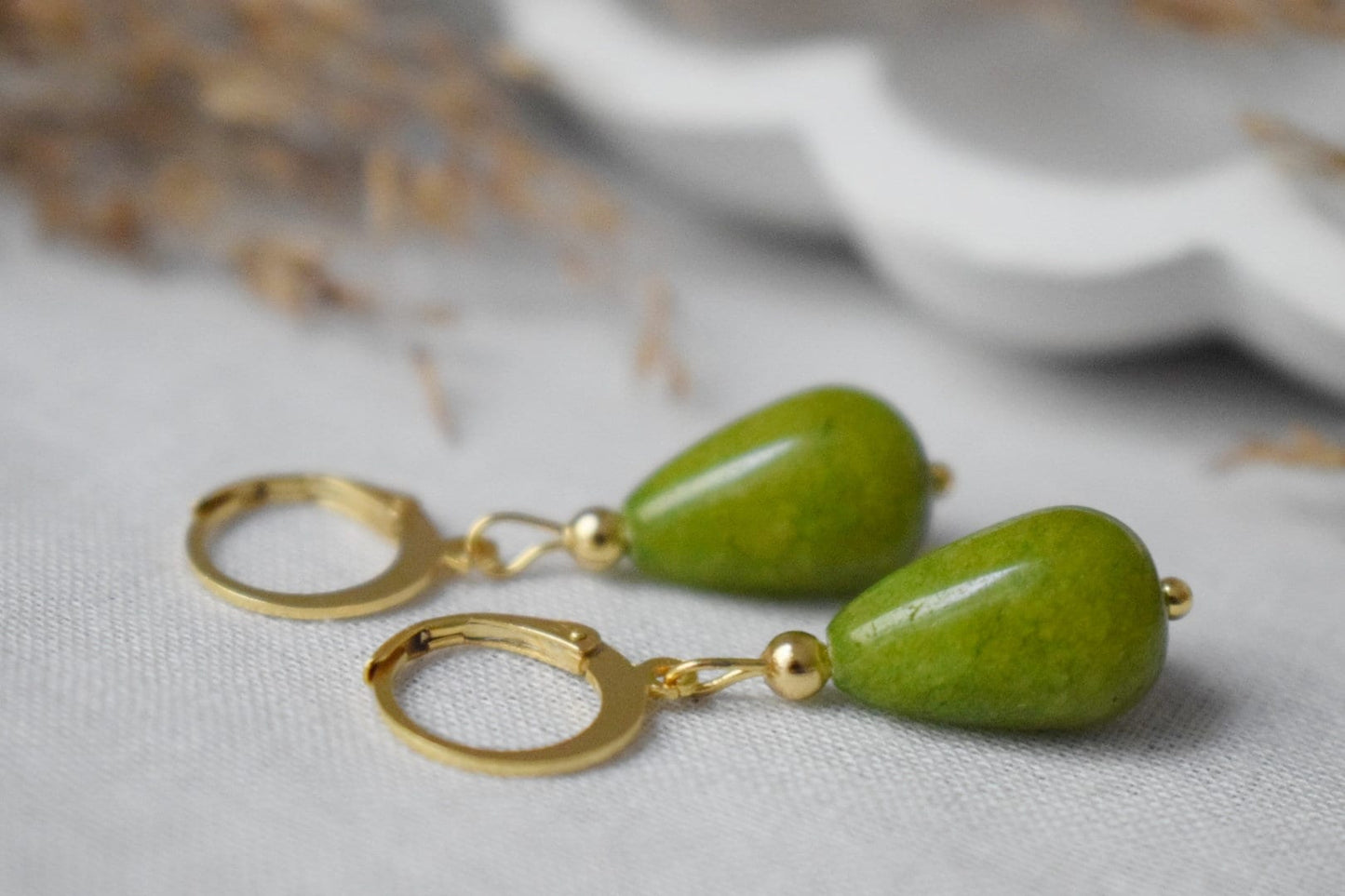 Green jade teardrop earrings, Olive green earrings gold, Huggie with drop gemstone, Green stone hoops, Pearl hanging earrings, Gift for her