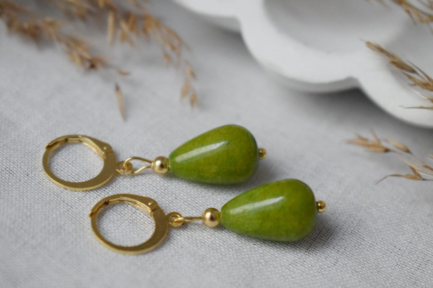 Green jade teardrop earrings, Olive green earrings gold, Huggie with drop gemstone, Green stone hoops, Pearl hanging earrings, Gift for her