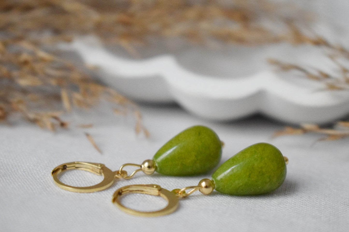 Green jade teardrop earrings, Olive green earrings gold, Huggie with drop gemstone, Green stone hoops, Pearl hanging earrings, Gift for her