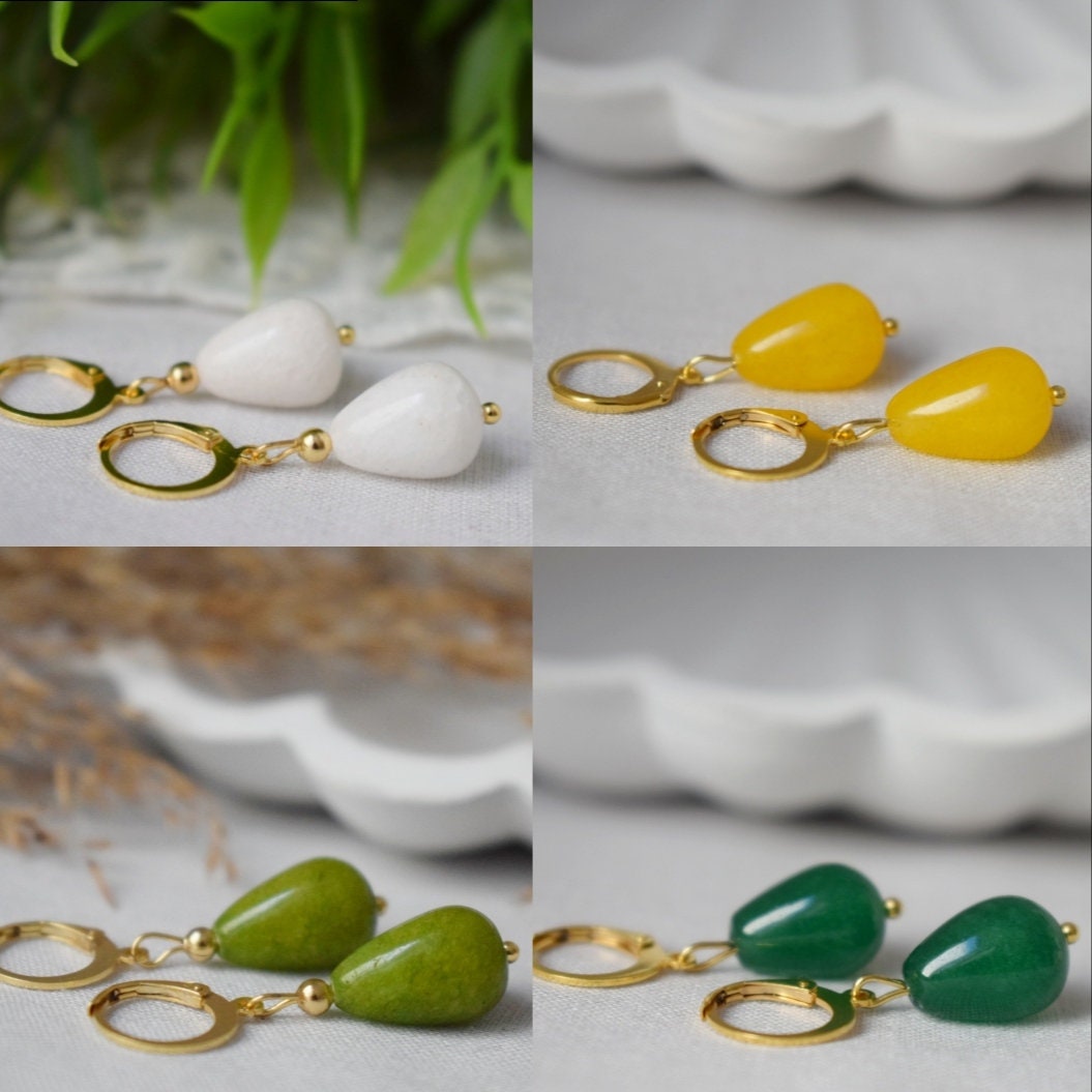 White jade gold earrings, Teardrop gemstone huggies, Hoops drop stone, Pearl hanging earrings, Lever back, White gold jewelry, Gift for her