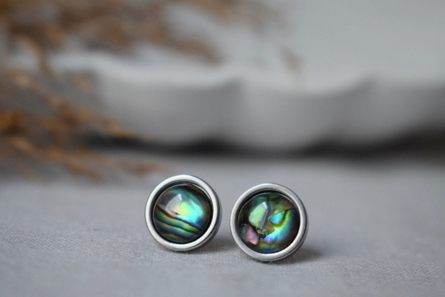 Abalone shell stud earrings, Colorful mother of pearl stud earrings, 8mm, Round, Minimalist pearl jewelry, Gift for women