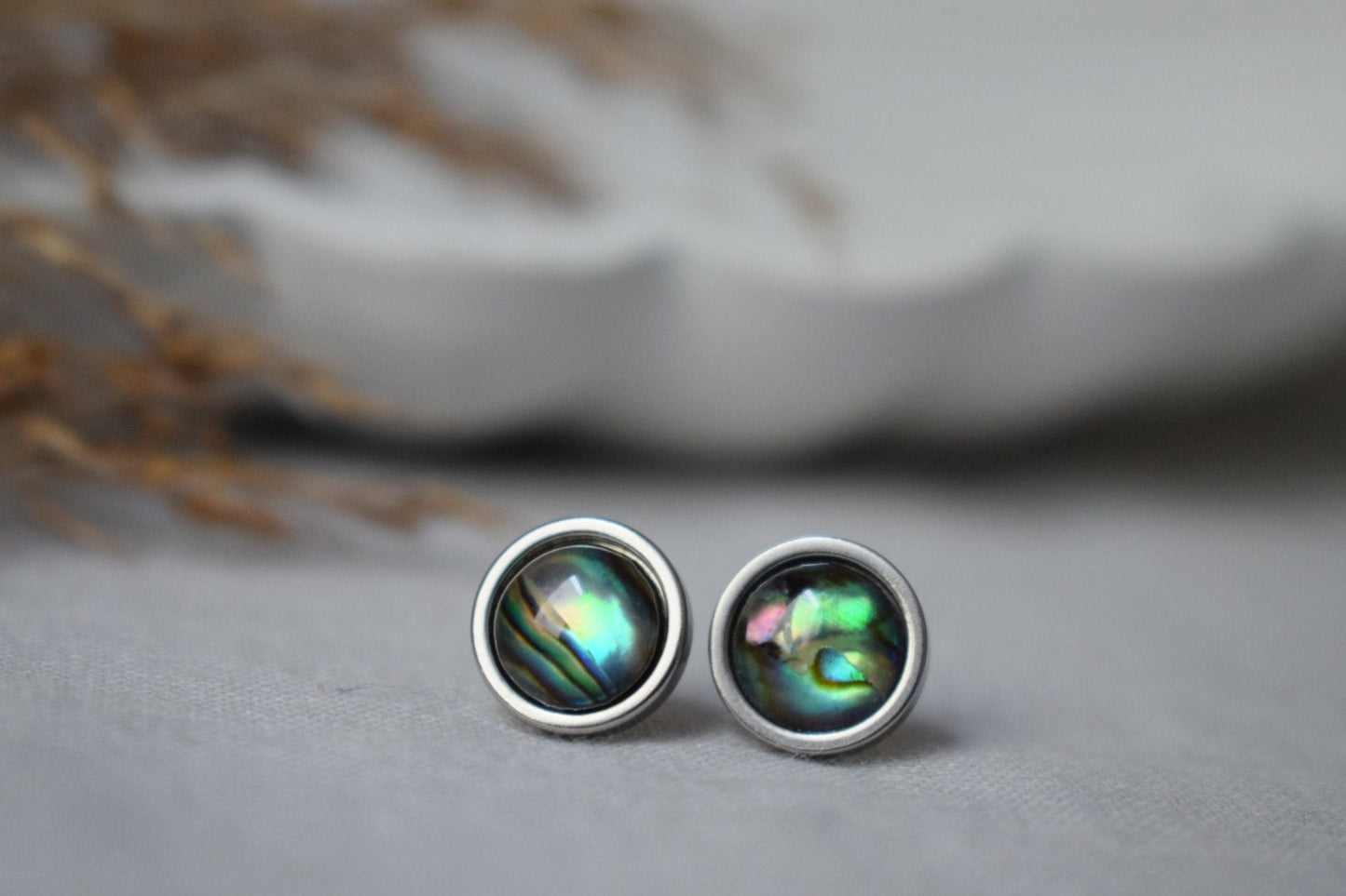 Abalone shell stud earrings, Colorful mother of pearl stud earrings, 8mm, Round, Minimalist pearl jewelry, Gift for women