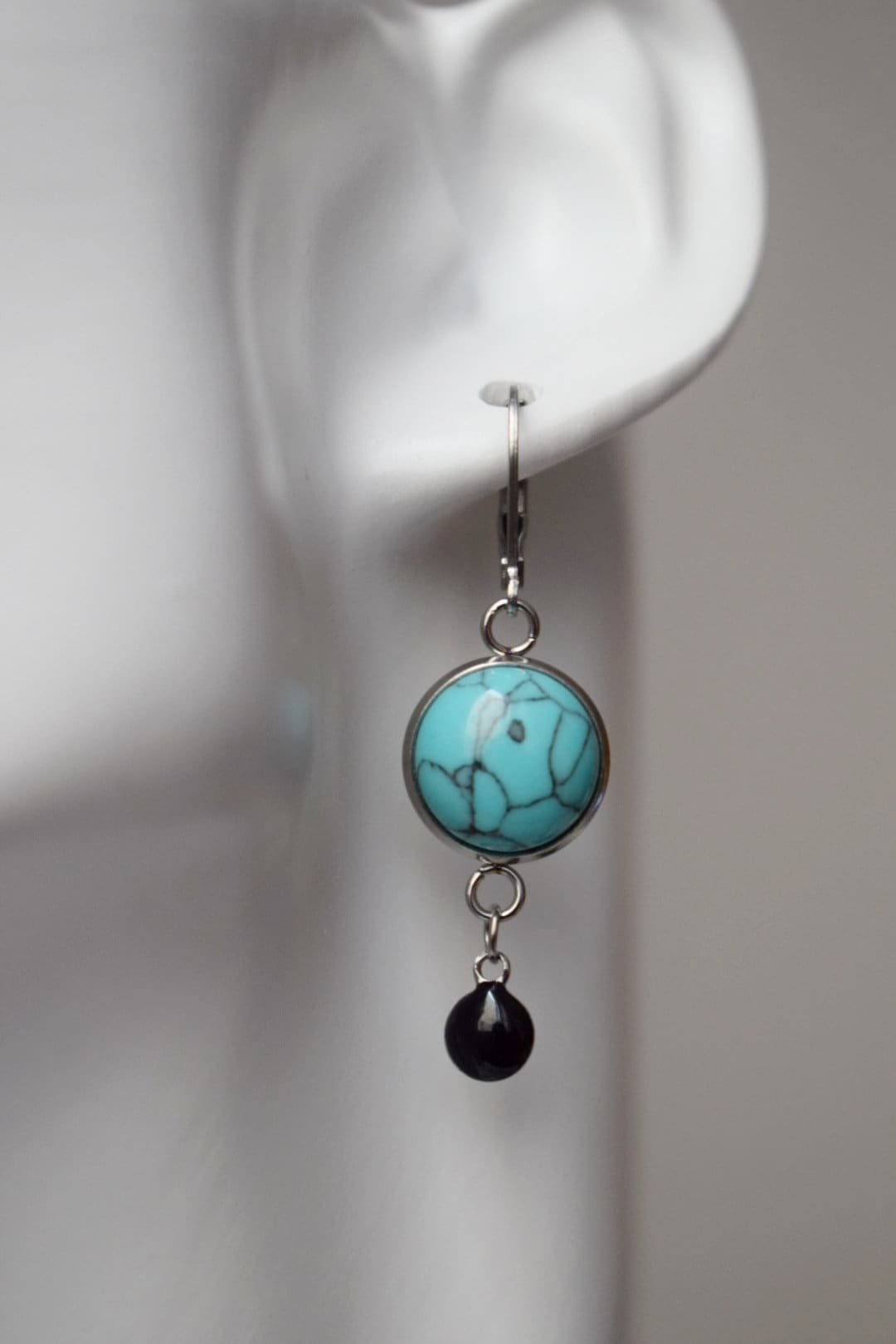 Turquoise earrings huggies, Blue gemstone earrings, Boho earrings, Black enamel pendant earrings, Jewelry gift for women