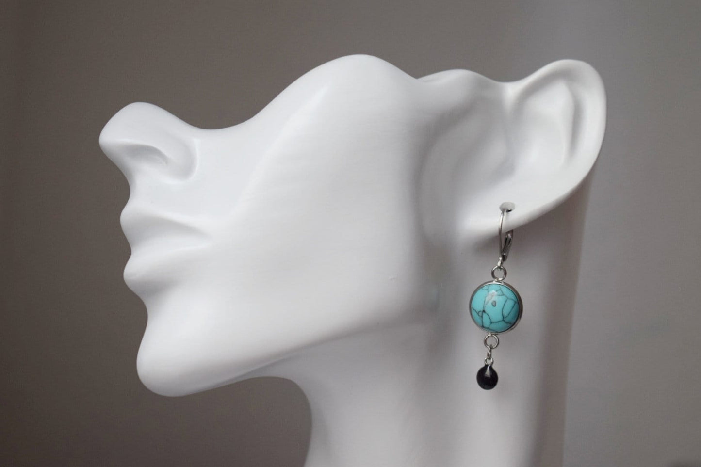 Turquoise earrings huggies, Blue gemstone earrings, Boho earrings, Black enamel pendant earrings, Jewelry gift for women