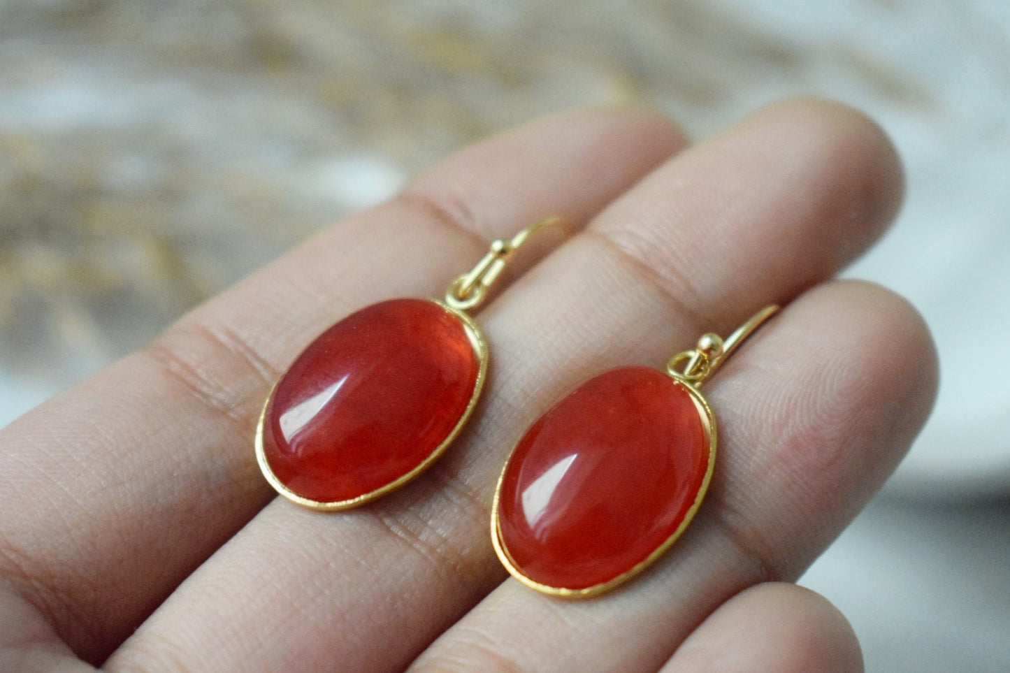 Red jade earrings dangle, Red gold statement earrings, Hanging oval gemstone earrings, red earrings for women, Jade jewelry, Gift for her