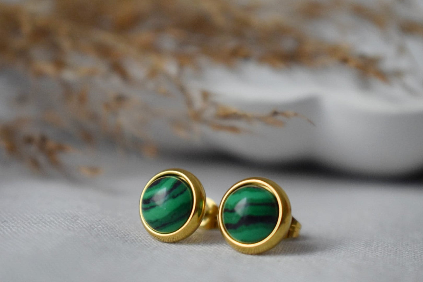 Malachite stud earrings, Small Gemstone Studs, Boho green earrings, 8mm Round earrings, Minimalist jewelry, Birthstone gold plated jewelry