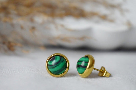Malachite stud earrings, Small Gemstone Studs, Boho green earrings, 8mm Round earrings, Minimalist jewelry, Birthstone gold plated jewelry