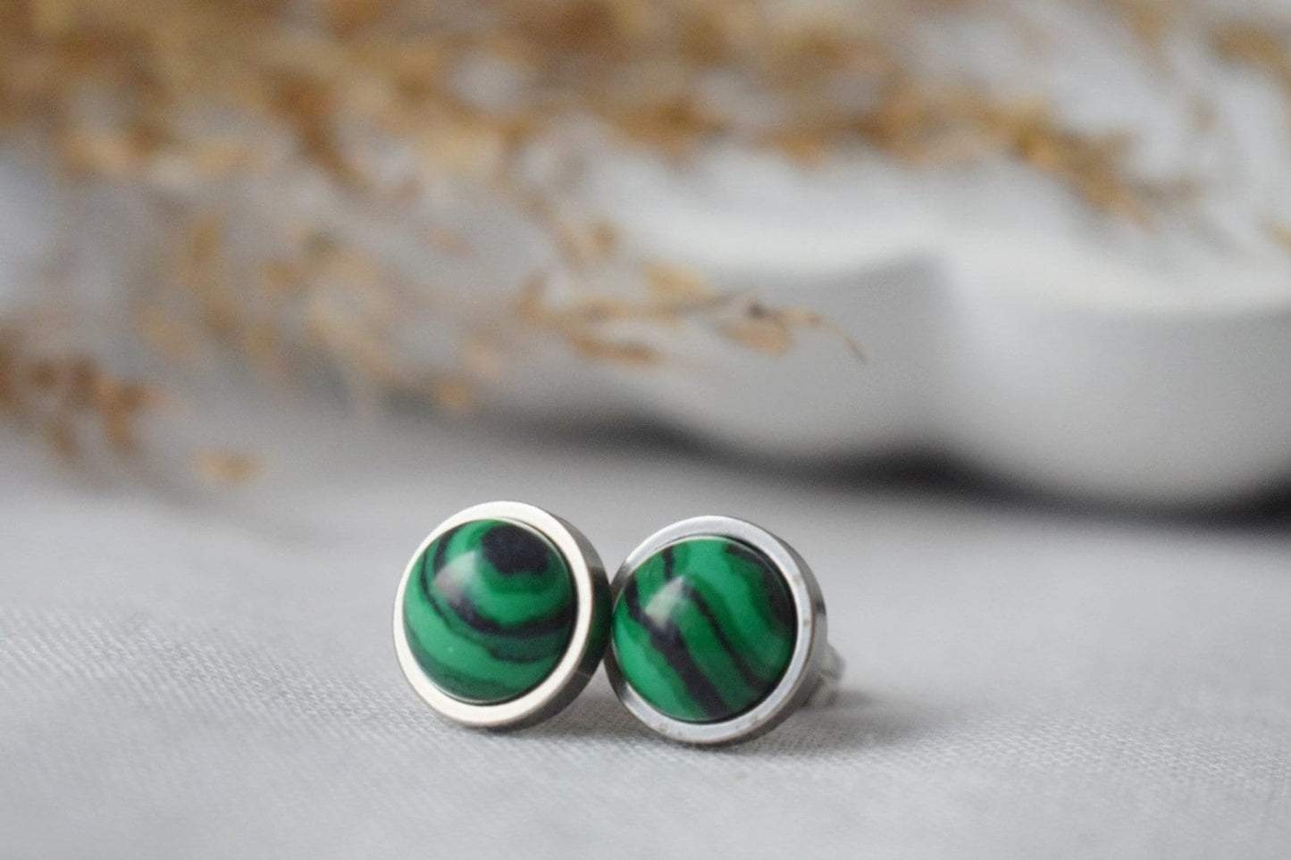 Malachite stud earrings, Small Gemstone Studs, Boho green earrings, 8mm Round earrings, Minimalist jewelry, Birthstone gold plated jewelry