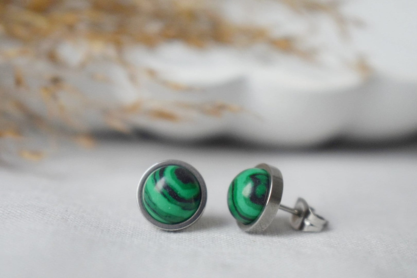 Malachite stud earrings, Small Gemstone Studs, Boho green earrings, 8mm Round earrings, Minimalist jewelry, Birthstone gold plated jewelry
