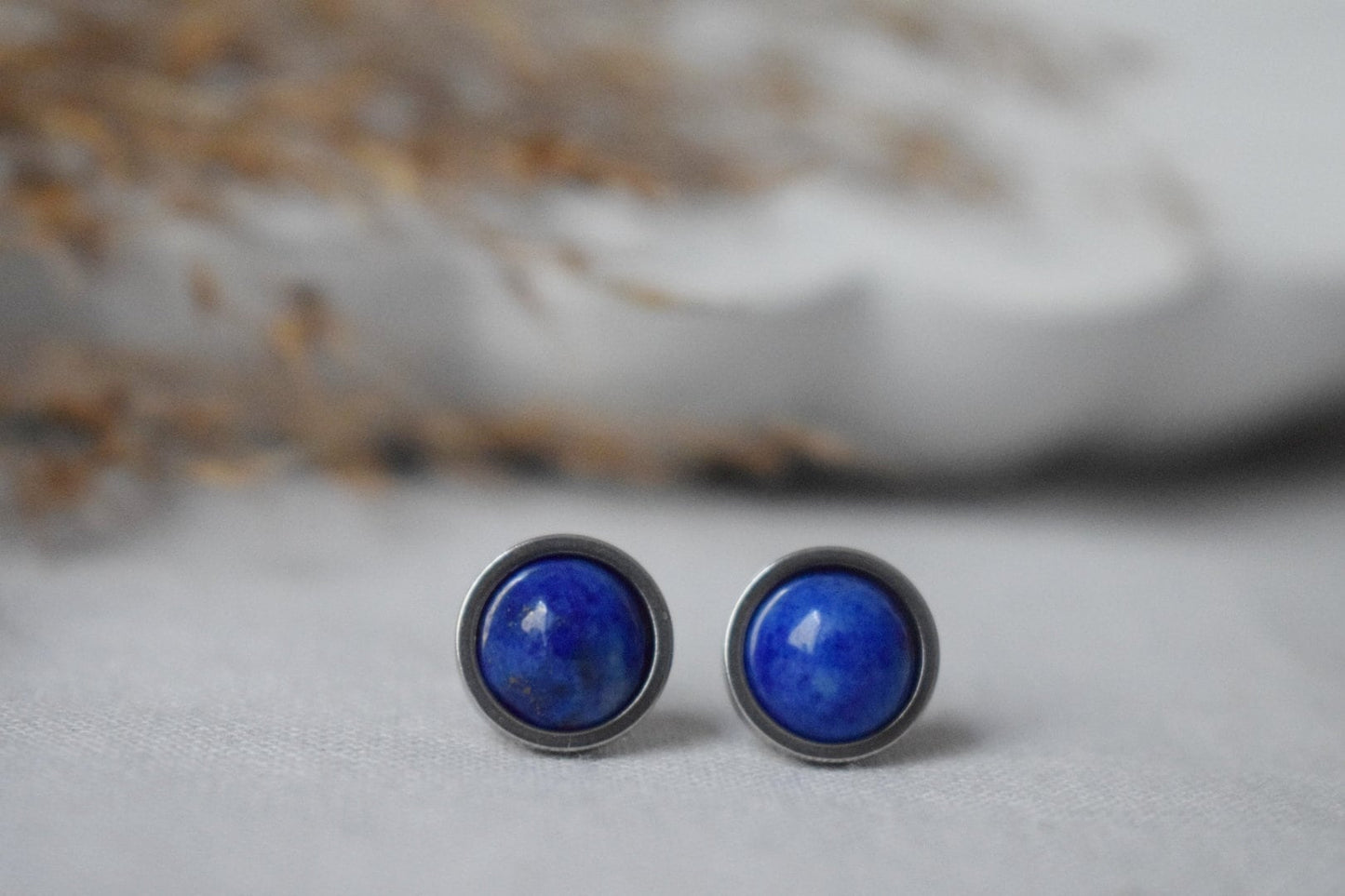 Lapis lazuli stud earrings, Gemstone earrings silver, Dark blue stone, Stainless steel, September Birthstone, Lapis jewelry, Gift for her