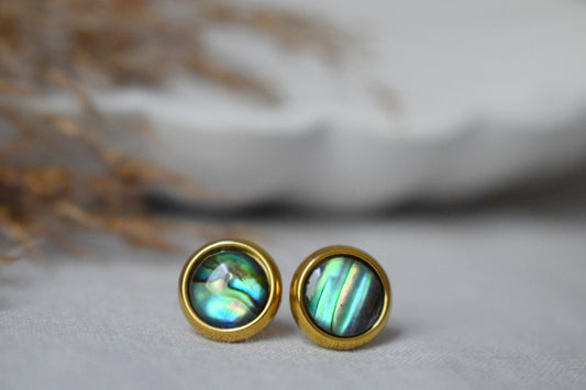 Abalone shell stud earrings gold, Small colorful mother of pearl stud earrings, 8mm studs, Round, Abalone pearl gold jewelry, Gift for women