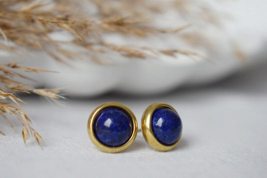 Lapis Stud Earrings Gold, Small Blue Lapis Earrings, Round, Minimalist, 8mm, Lapis Lazuli Jewelry, September Birthstone, Handmade Jewelry