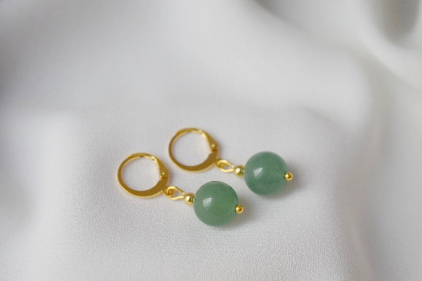 Aventurine Hoop Earrings, 24k Gold Plated Huggie, Small Gemstone Charm Earrings Dangle, Lightweight, Green Stone Pearl Jewelry, Gift For Her