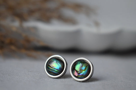 Abalone shell stud earrings, Colorful mother of pearl stud earrings, 8mm, Round, Minimalist pearl jewelry, Gift for women