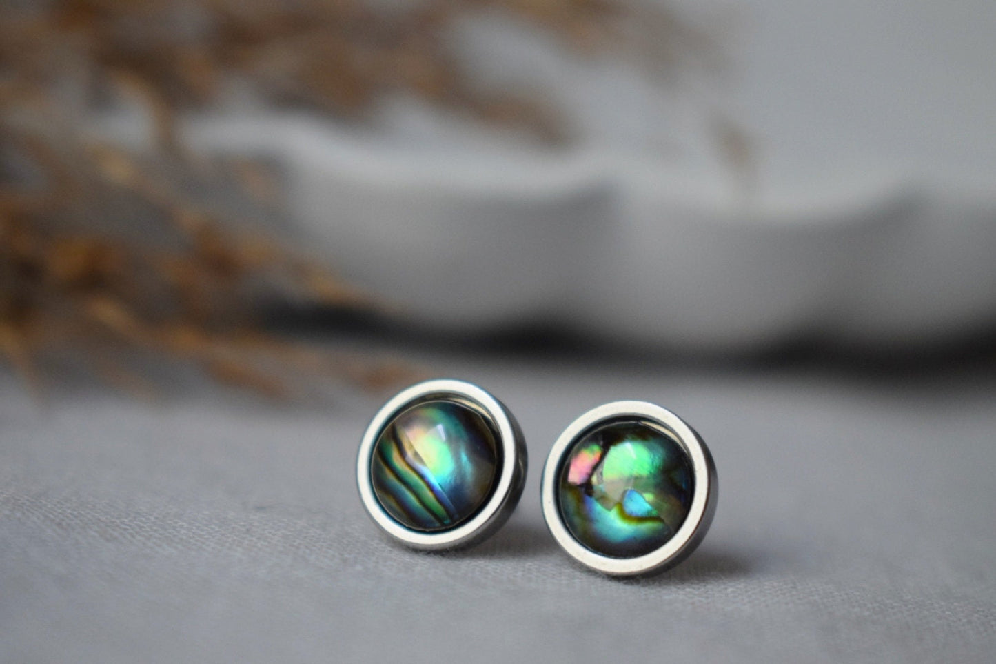 Abalone shell stud earrings, Colorful mother of pearl stud earrings, 8mm, Round, Minimalist pearl jewelry, Gift for women