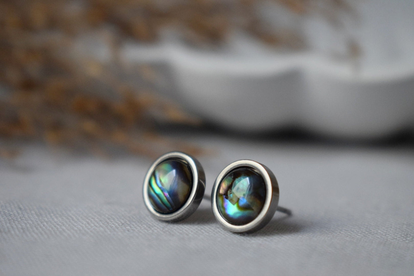 Abalone shell stud earrings, Colorful mother of pearl stud earrings, 8mm, Round, Minimalist pearl jewelry, Gift for women