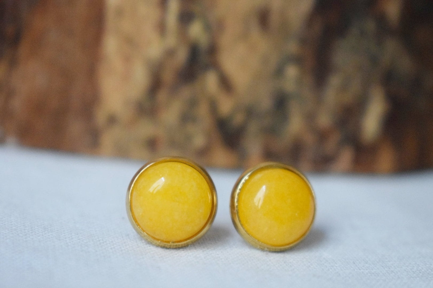 Yellow jade stud earrings, Jade gold earrings, Stainless steel, 12mm, Jade jewelry, Birthstone, Healing stone, Handmade jewelry gift for her