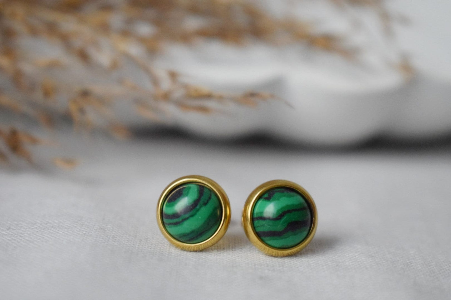 Malachite stud earrings, Small Gemstone Studs, Boho green earrings, 8mm Round earrings, Minimalist jewelry, Birthstone gold plated jewelry